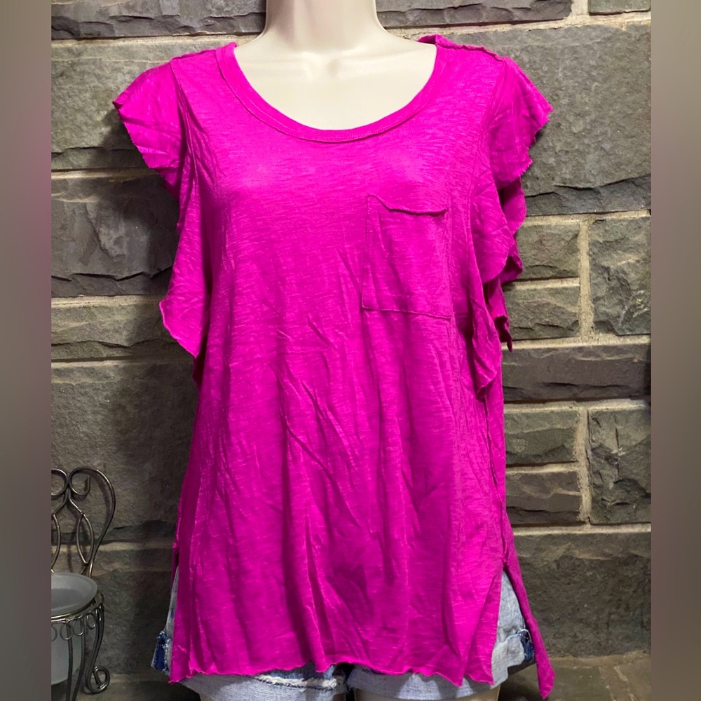 NWOT Free People loose fit destructed top,sheer stretch hot pink purple heather